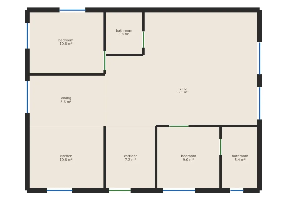 The two-bedroom floor plan, as drawn