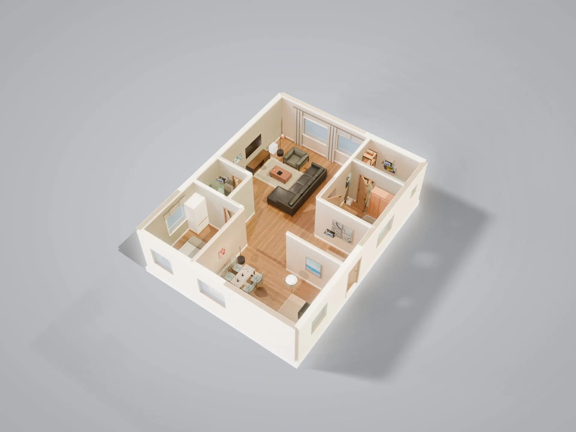The demo flat as a cut-away dollhouse, every room furnished