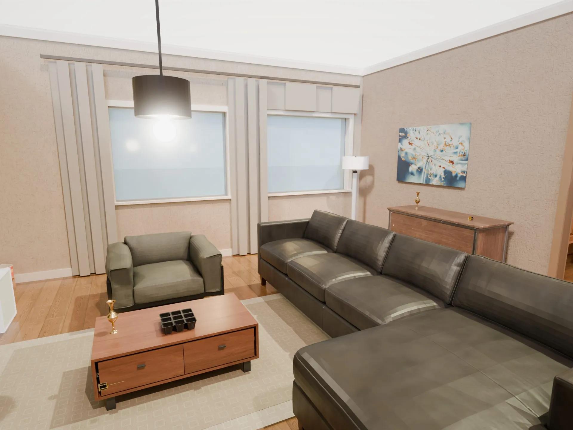 A furnished living room, rendered by TruSpace from a two-bedroom floor plan