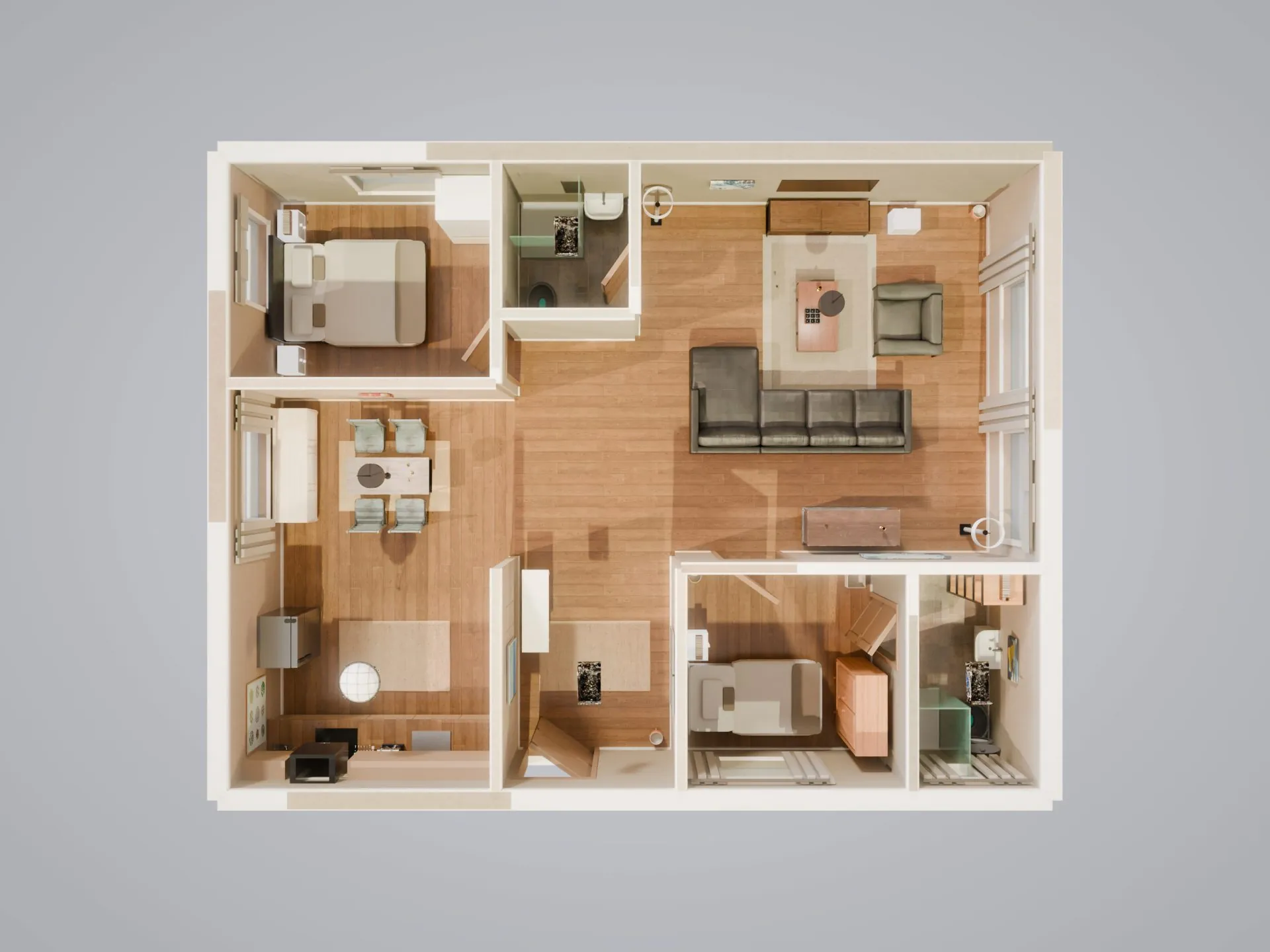 The same plan built and furnished in 3D, seen from above